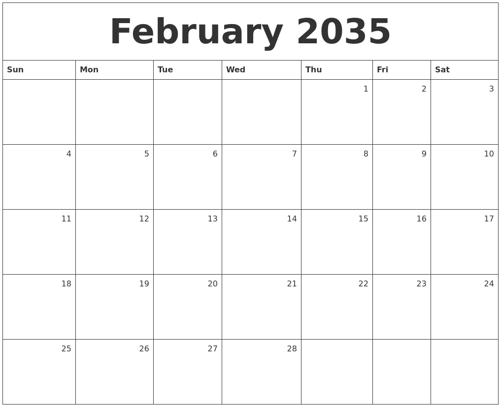 February 2035 Monthly Calendar