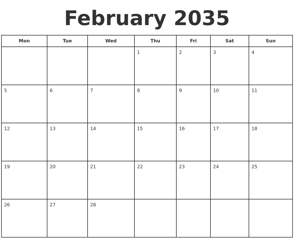 February 2035 Print A Calendar