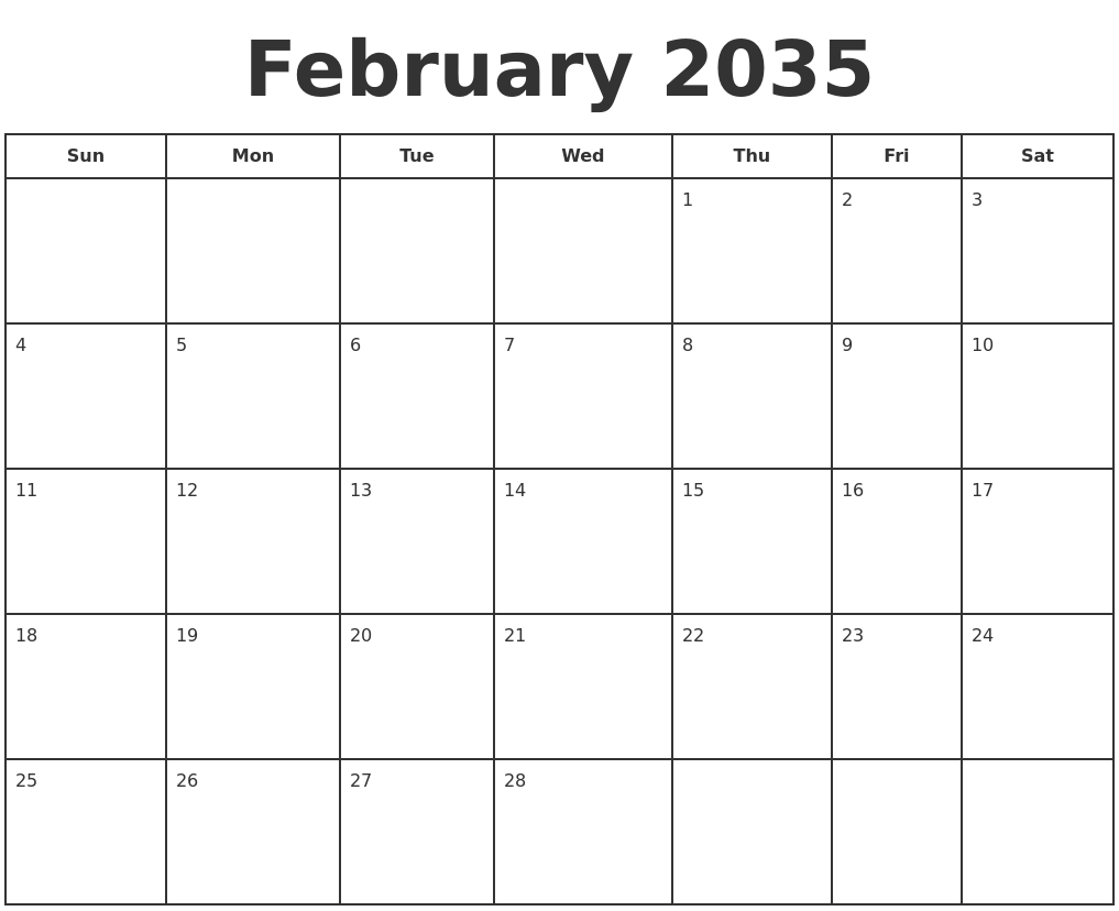 February 2035 Print A Calendar