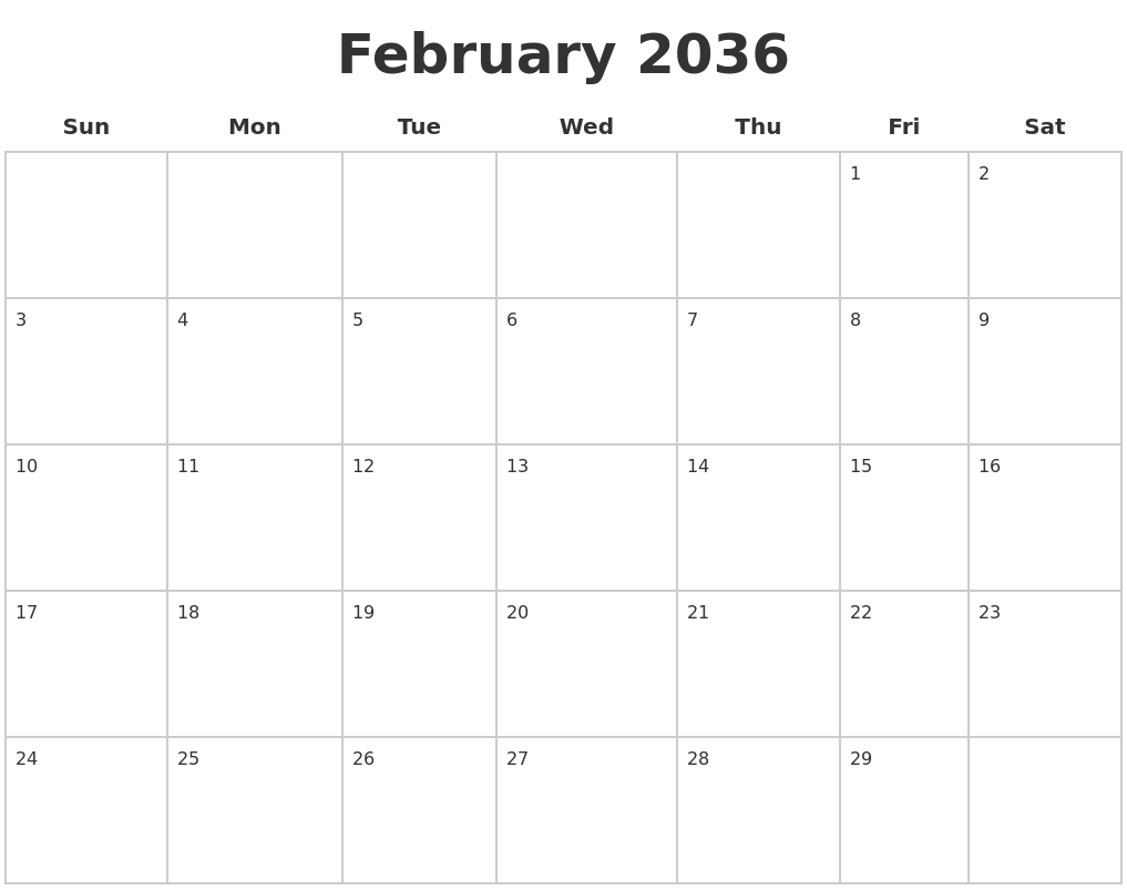 February 2036 Blank Calendar Pages