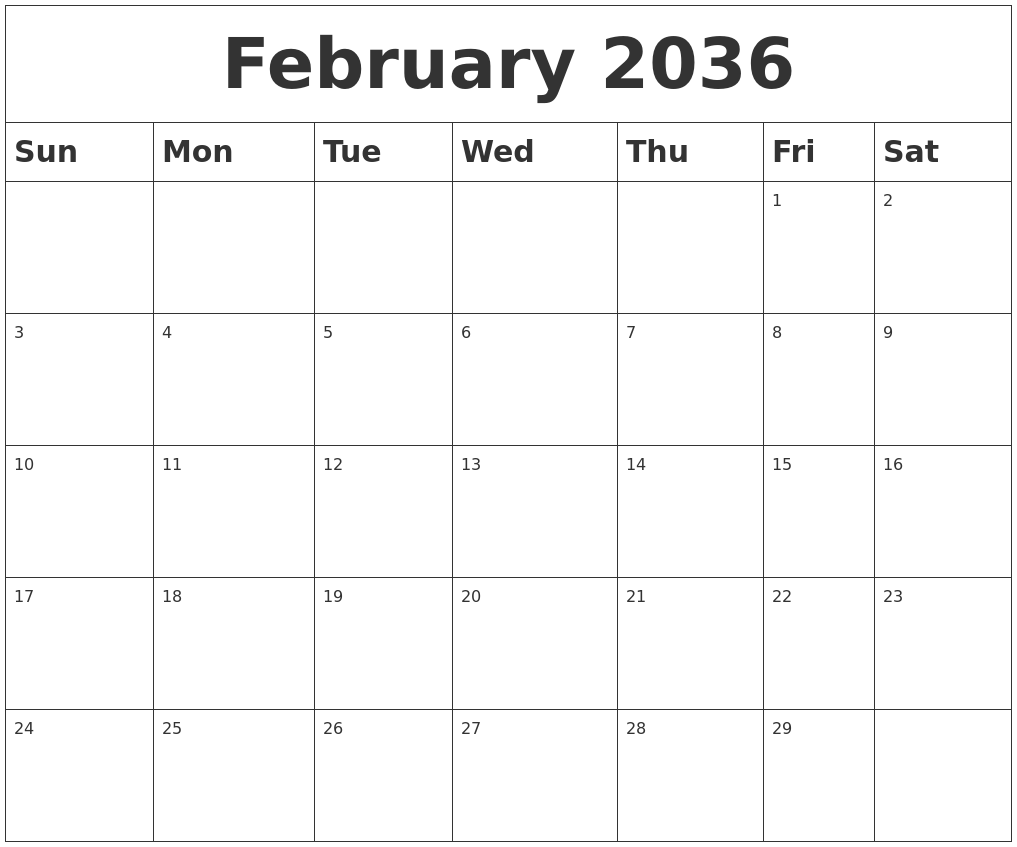 February 2036 Blank Calendar