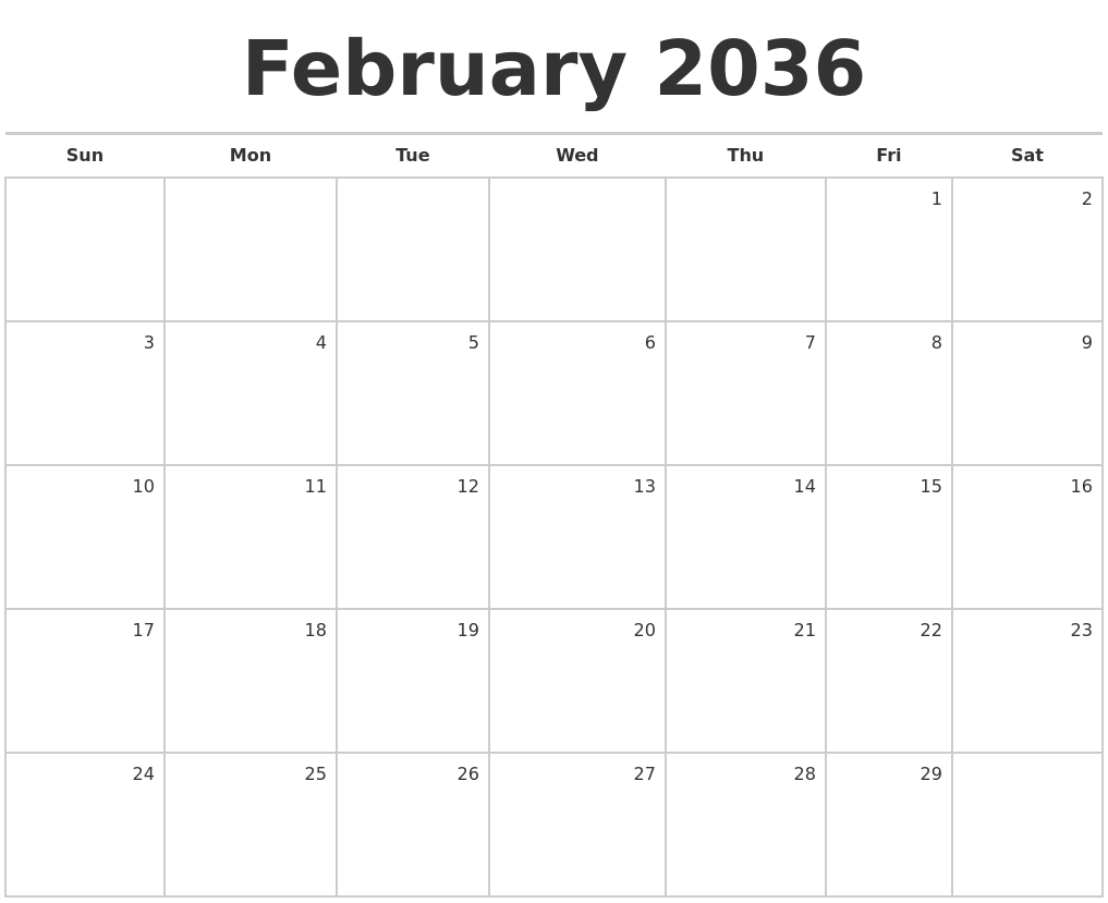 February 2036 Blank Monthly Calendar