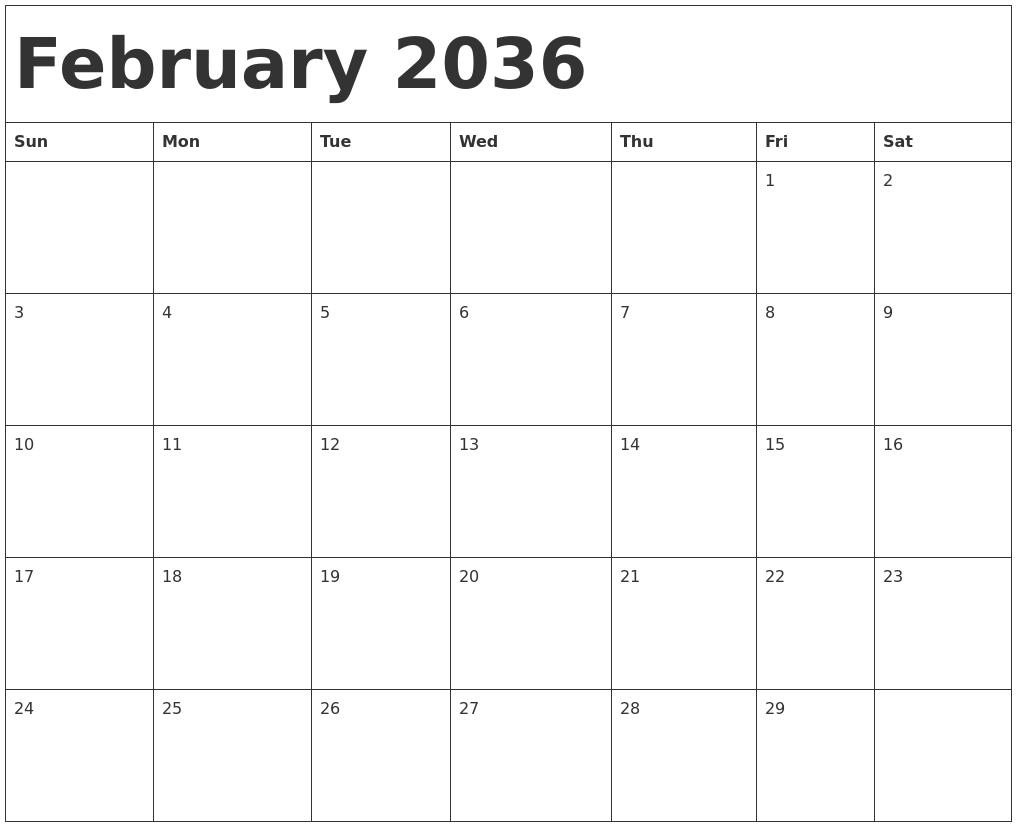 February 2036 Calendar Template