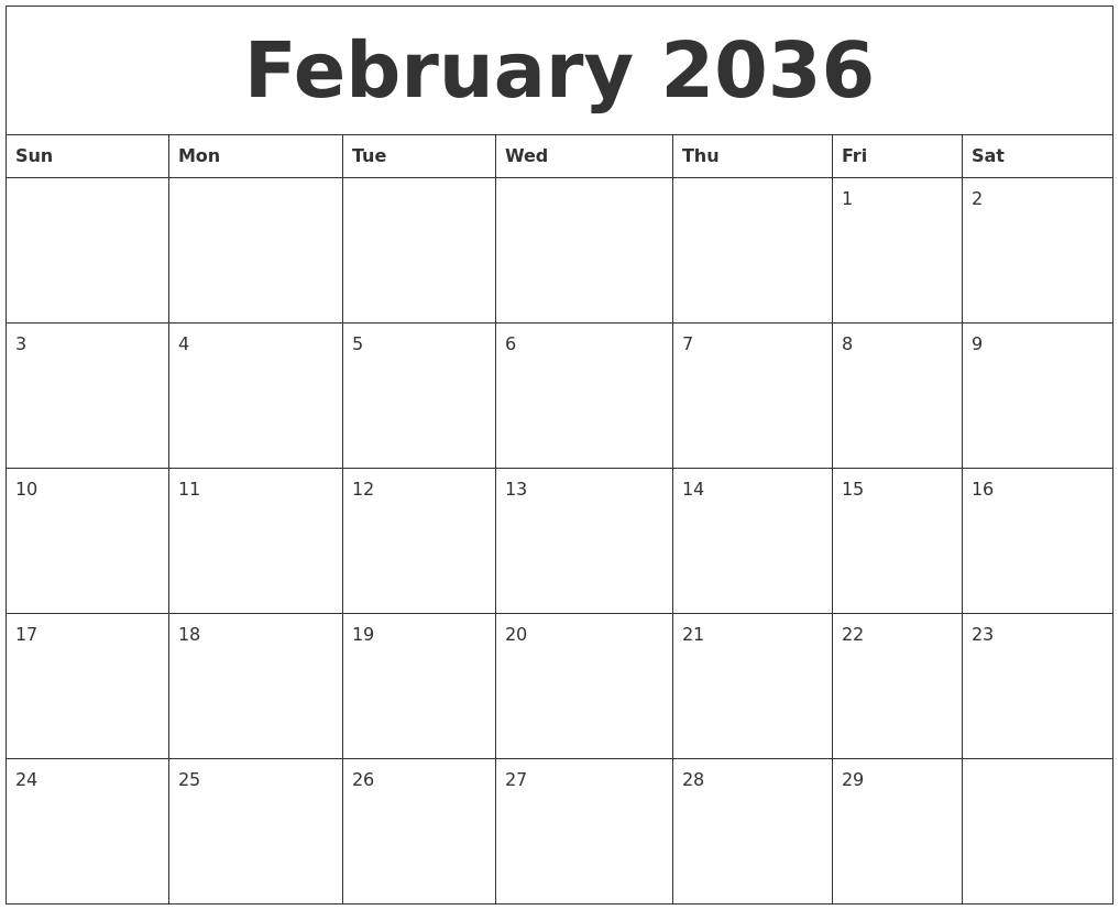 February 2036 Free Monthly Printable Calendar
