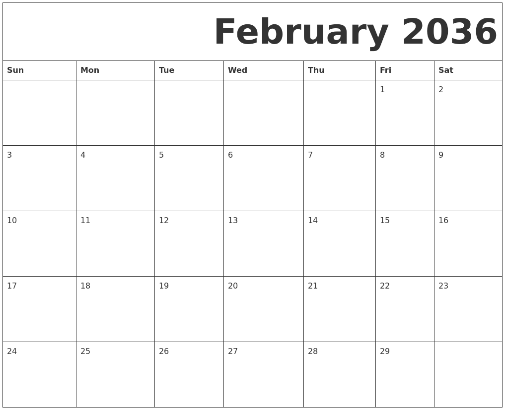 February 2036 Free Printable Calendar