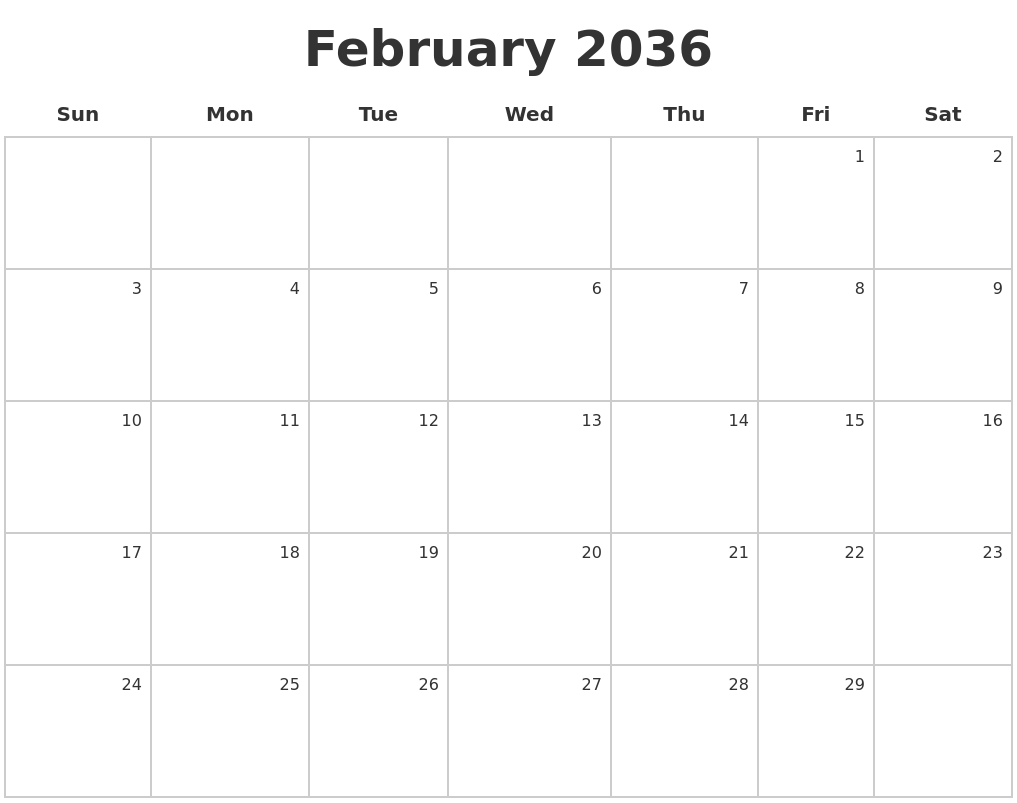 February 2036 Make A Calendar