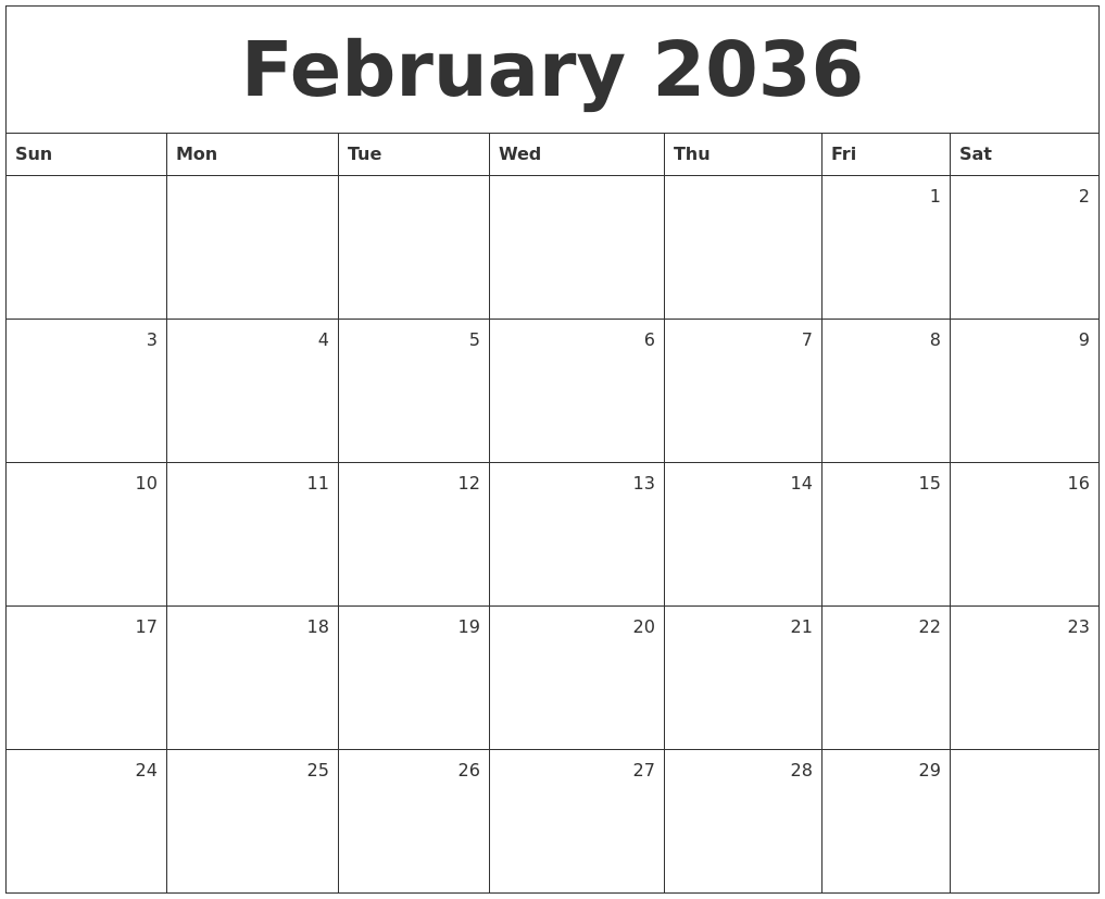 February 2036 Monthly Calendar