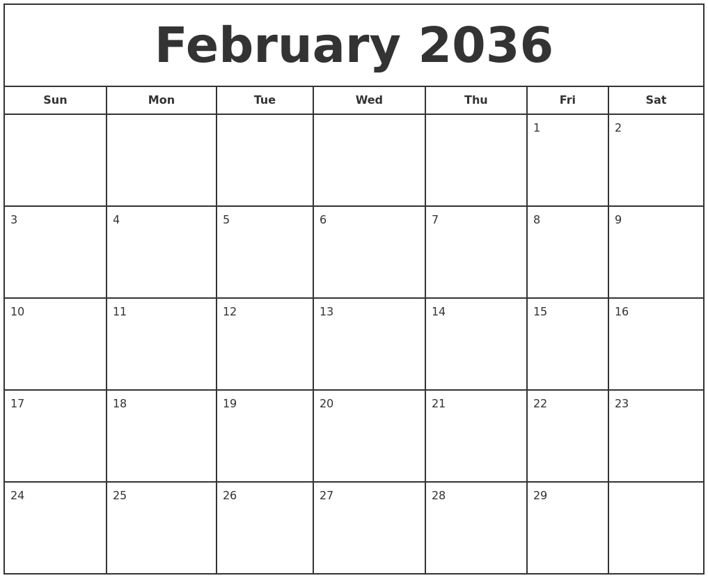 February 2036 Print Free Calendar