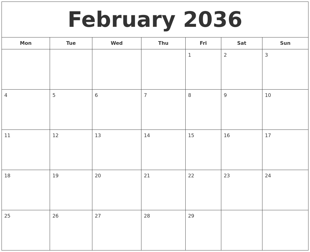 February 2036 Printable Calendar