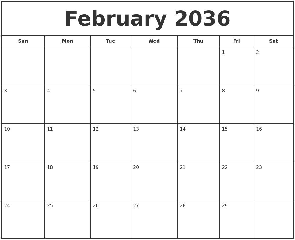 February 2036 Printable Calendar