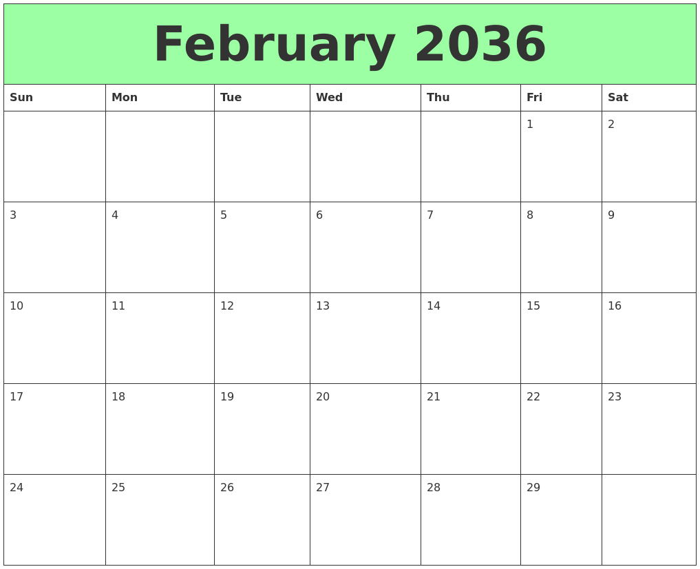 February 2036 Printable Calendars