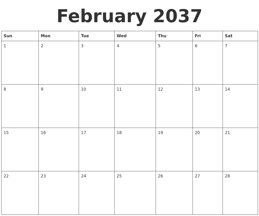 February 2037 Blank Calendar Template