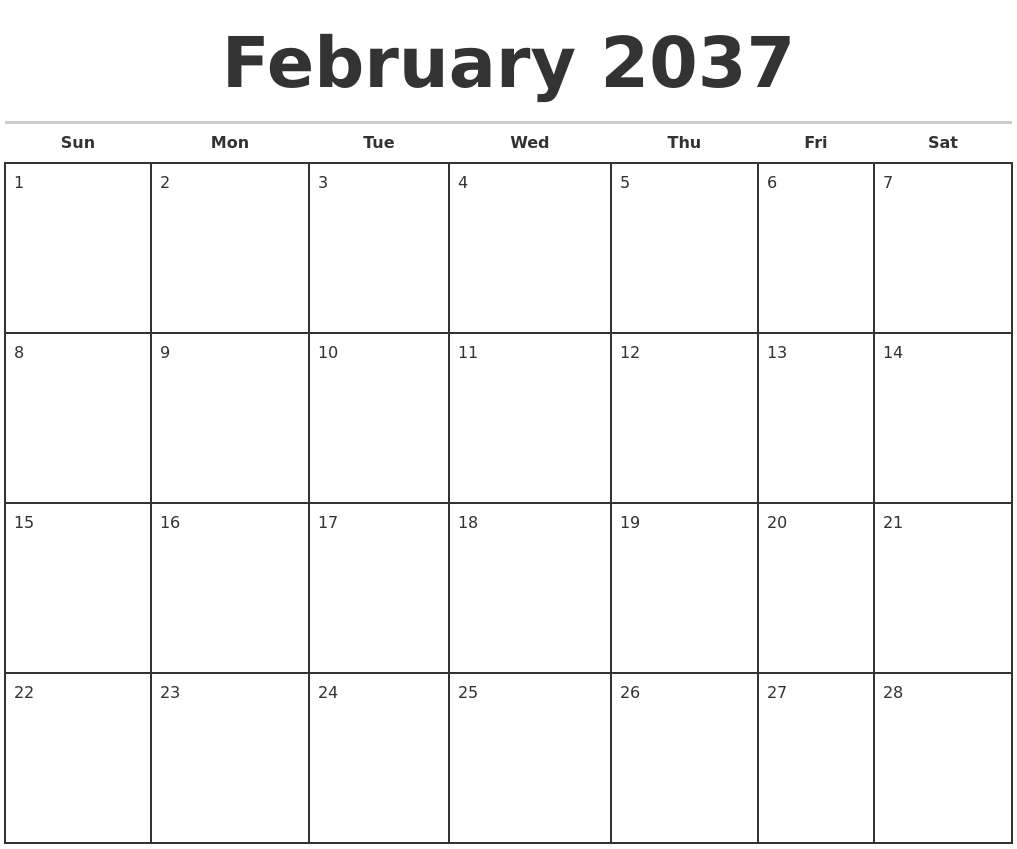 February 2037 Monthly Calendar Template