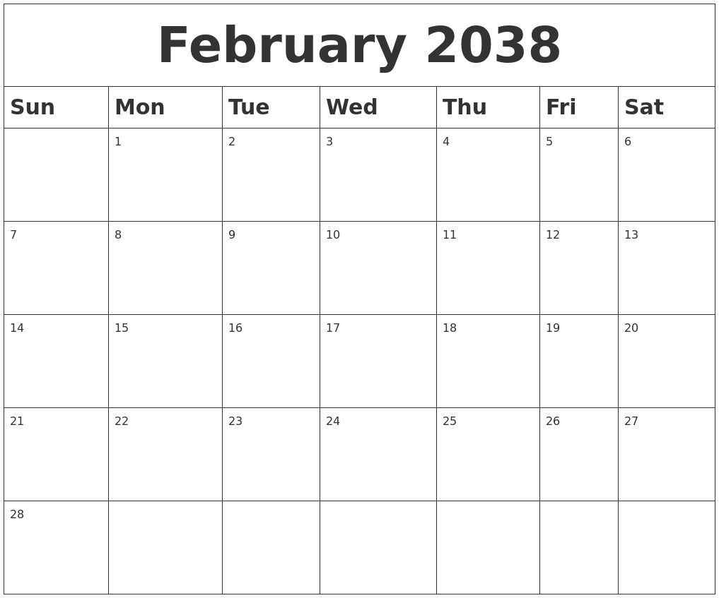 February 2038 Blank Calendar