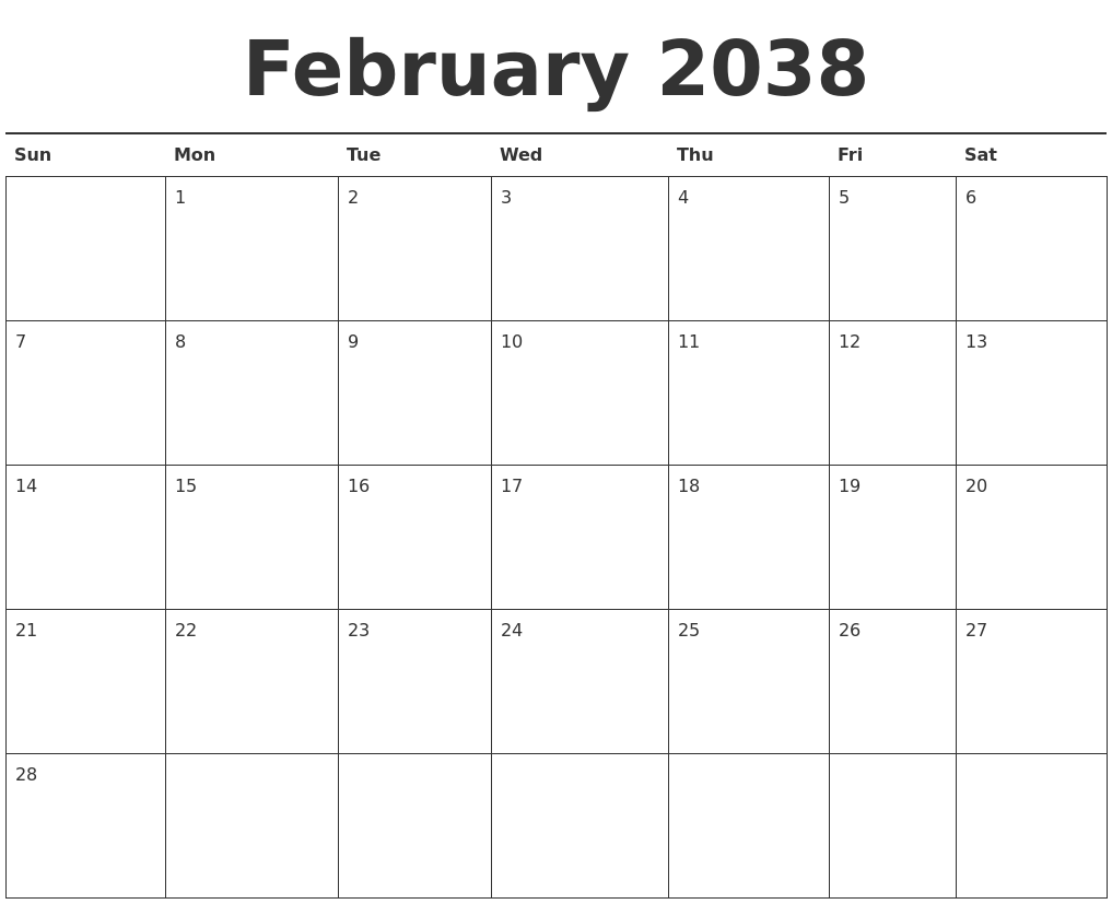 February 2038 Calendar Printable