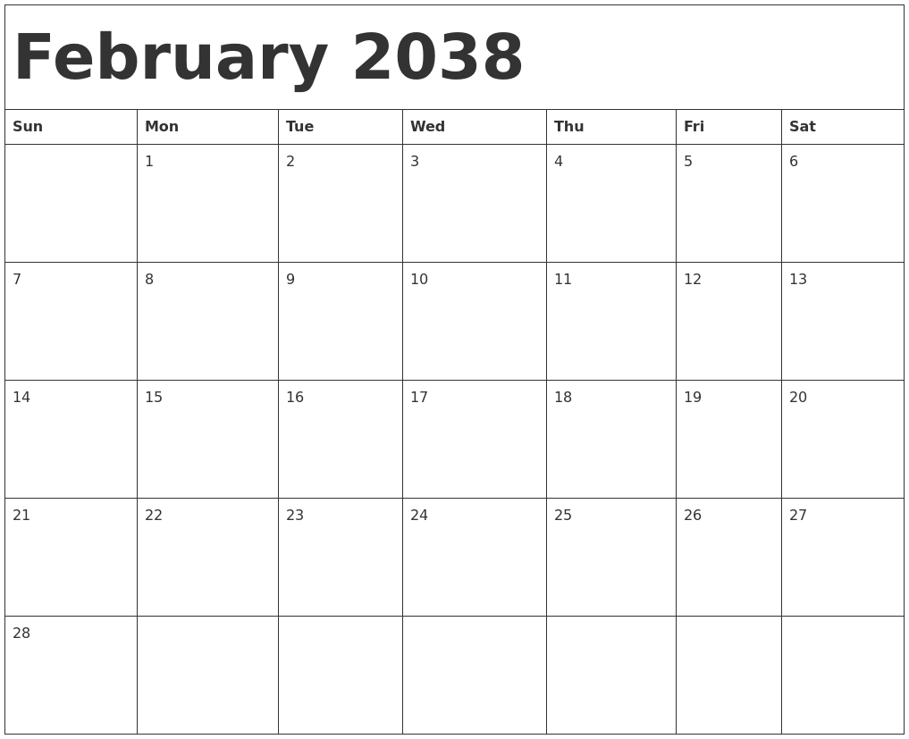February 2038 Calendar Template