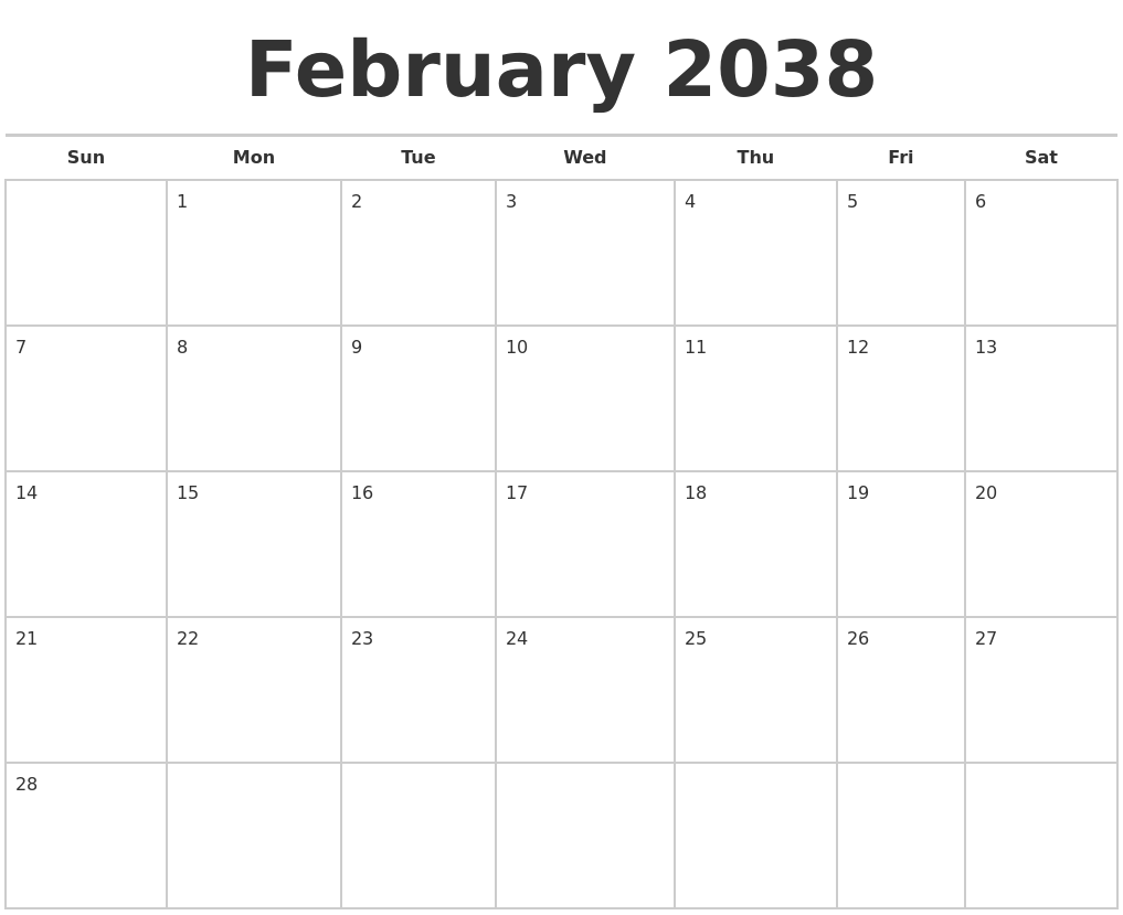 February 2038 Calendars Free