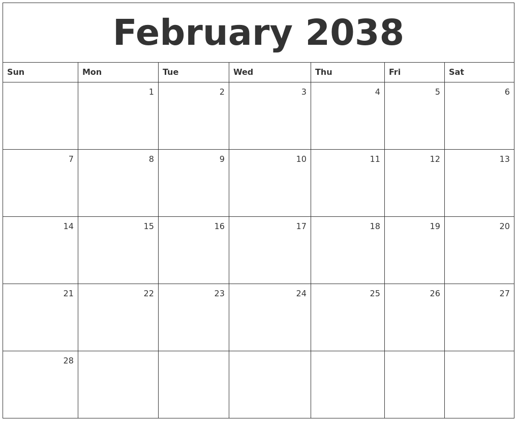 February 2038 Monthly Calendar