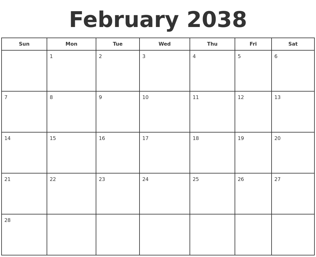 February 2038 Print A Calendar