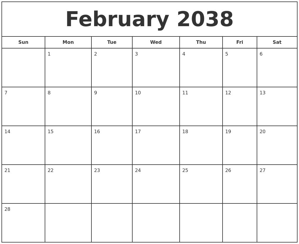 February 2038 Print Free Calendar