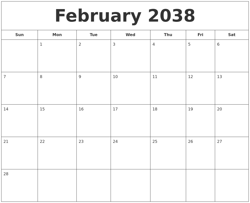 February 2038 Printable Calendar
