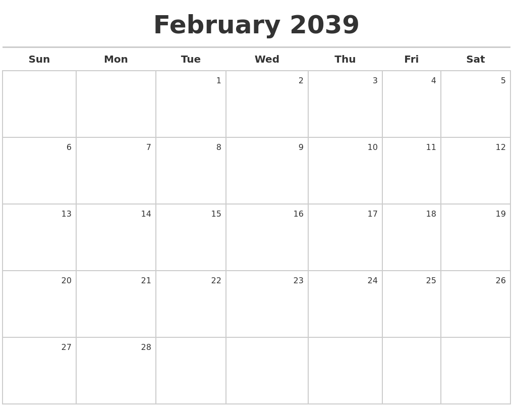 February 2039 Calendar Maker