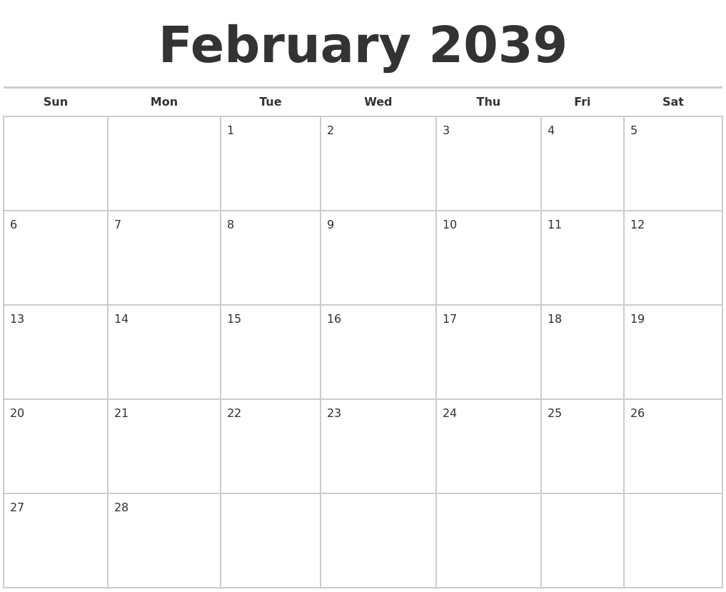 February 2039 Calendars Free