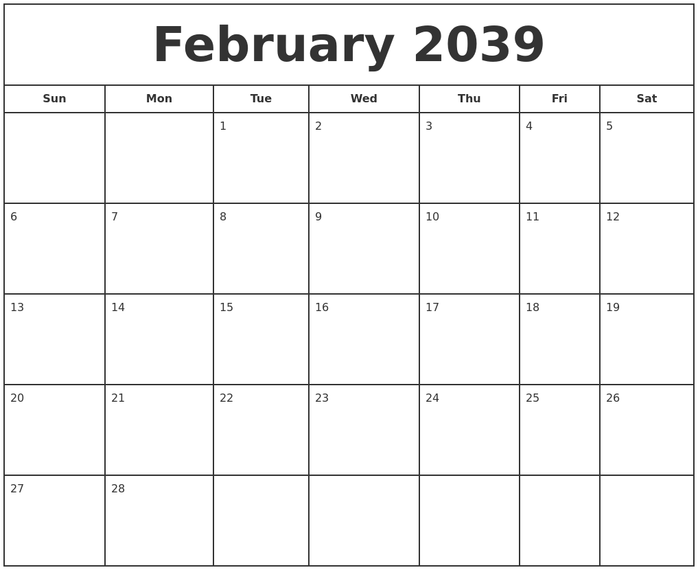 February 2039 Print Free Calendar