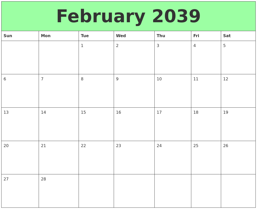 February 2039 Printable Calendars