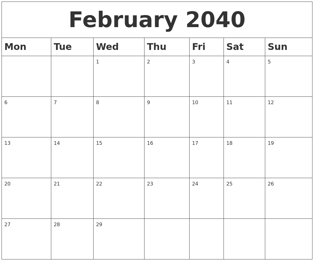 February 2040 Blank Calendar