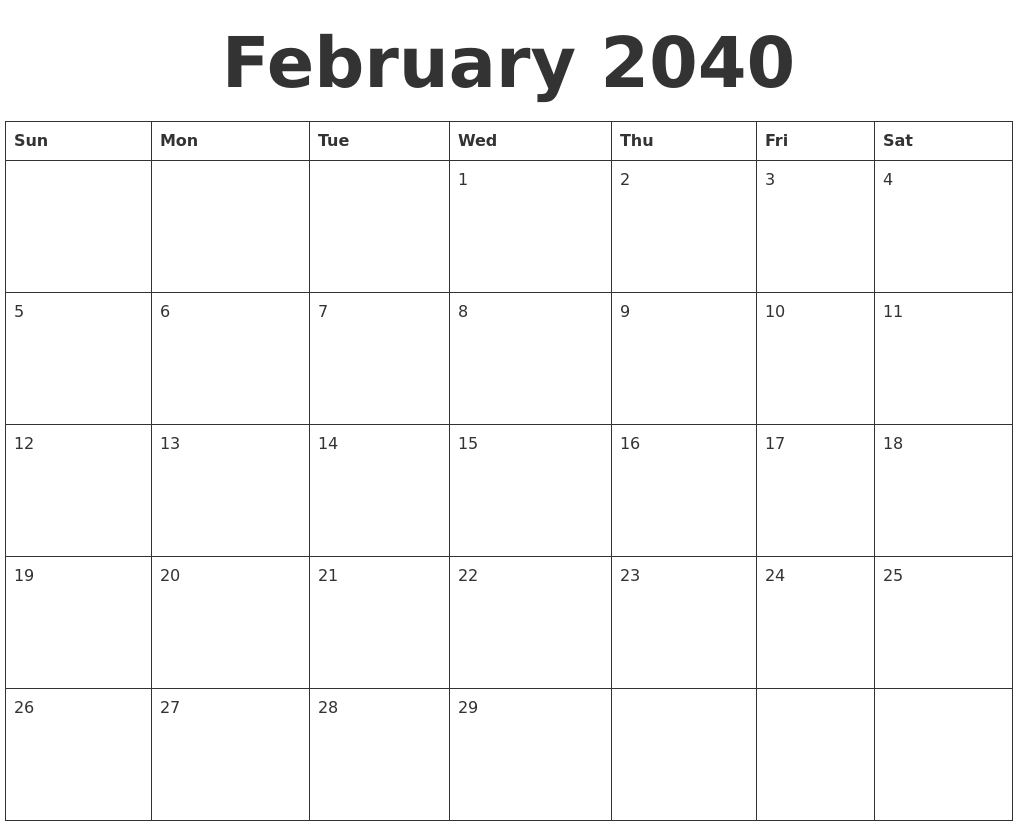 February 2040 Blank Calendar Template