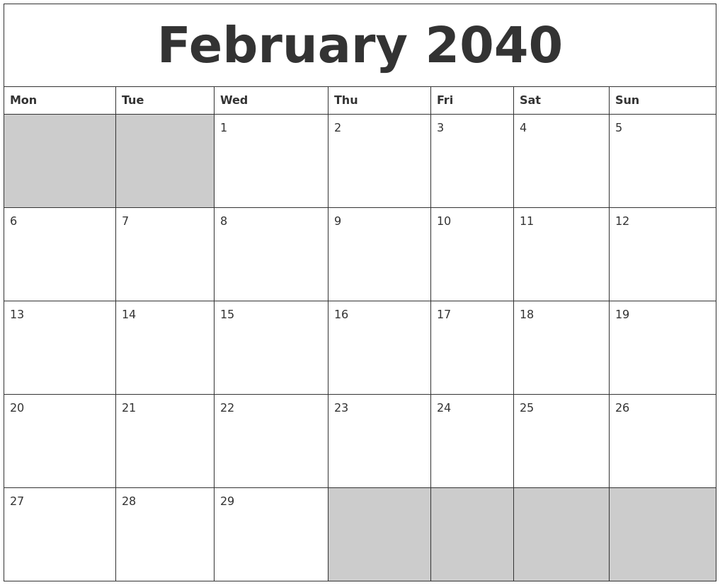 February 2040 Blank Printable Calendar