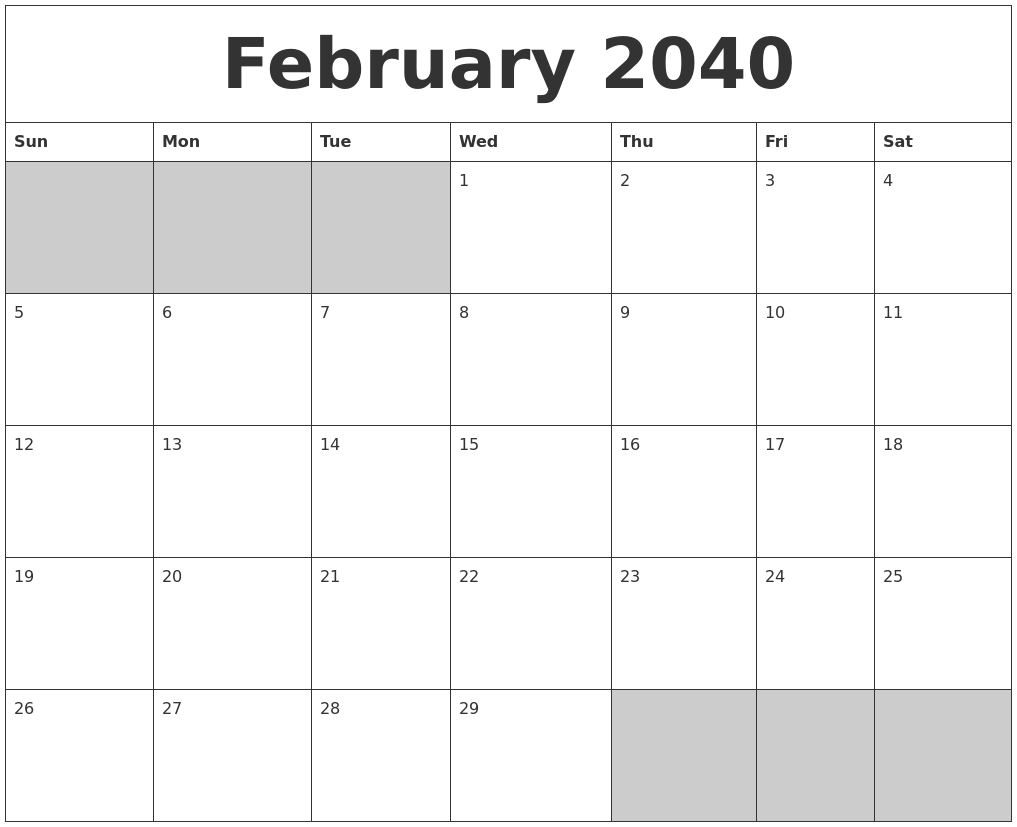 February 2040 Blank Printable Calendar
