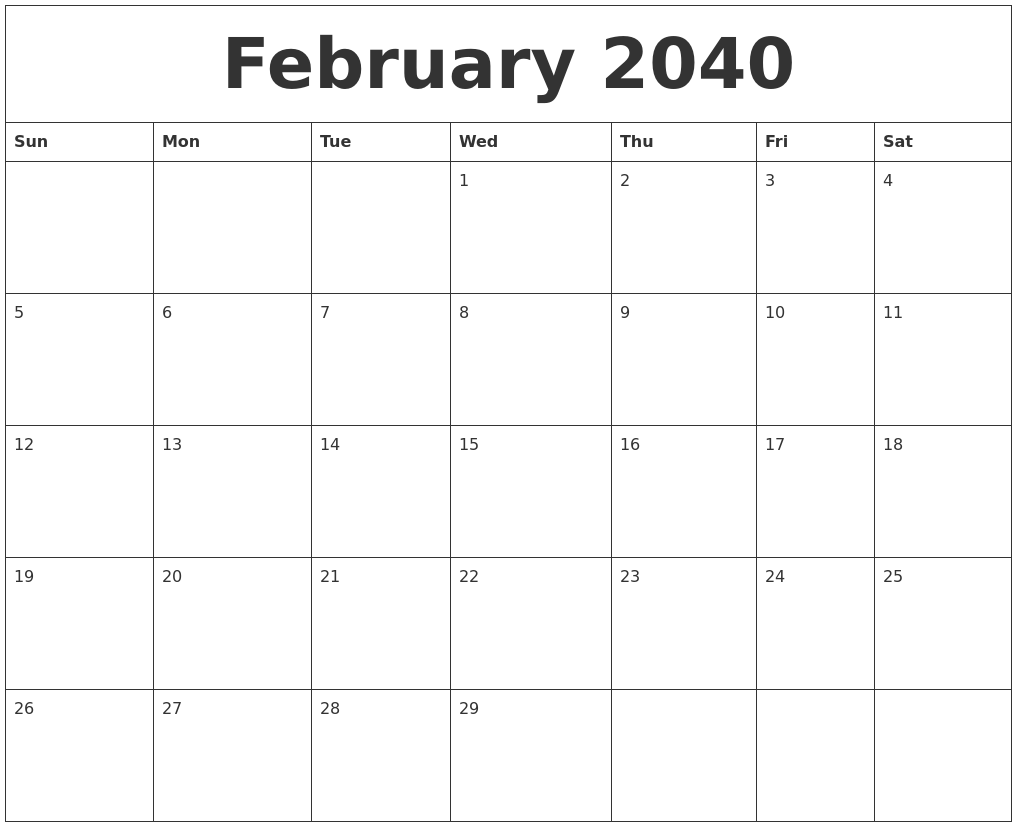 February 2040 Calendar Month