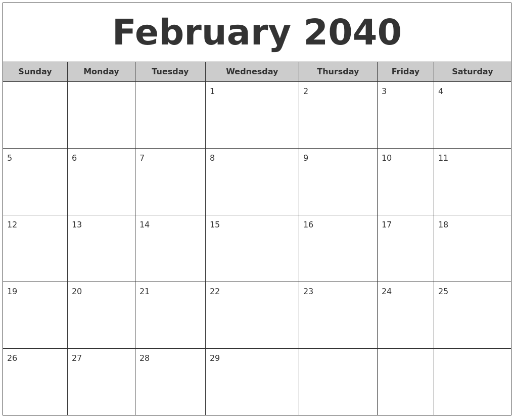 February 2040 Free Monthly Calendar