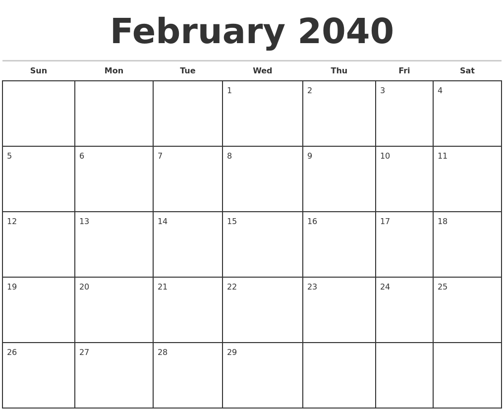 February 2040 Monthly Calendar Template