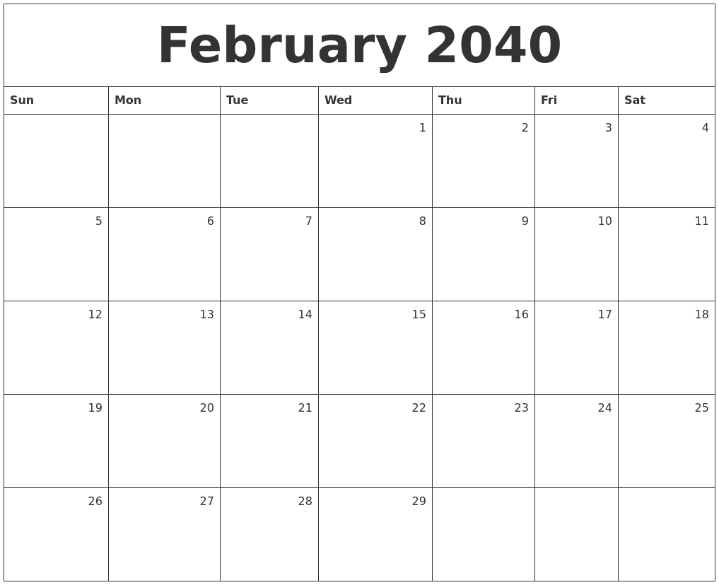February 2040 Monthly Calendar