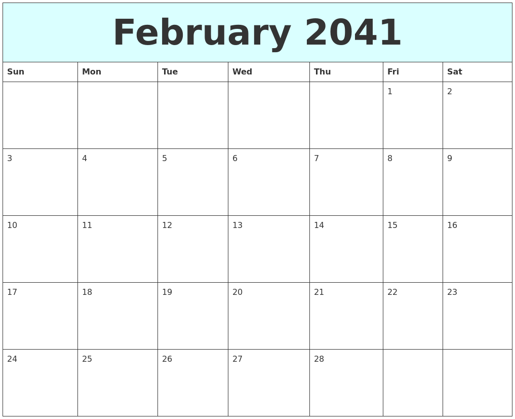 February 2041 Free Calendar