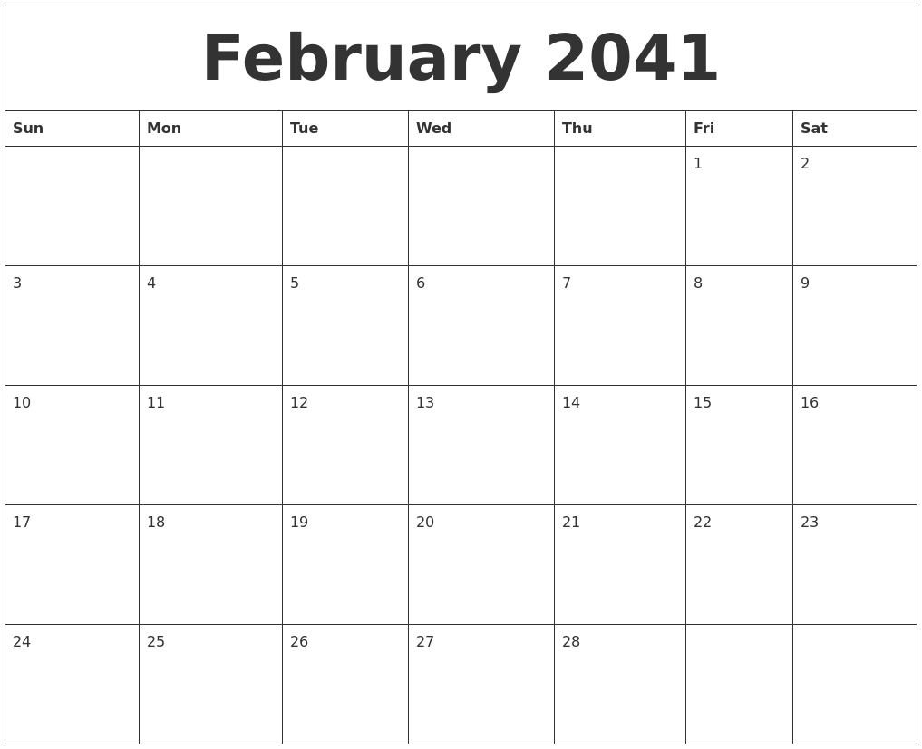 February 2041 Free Weekly Calendar