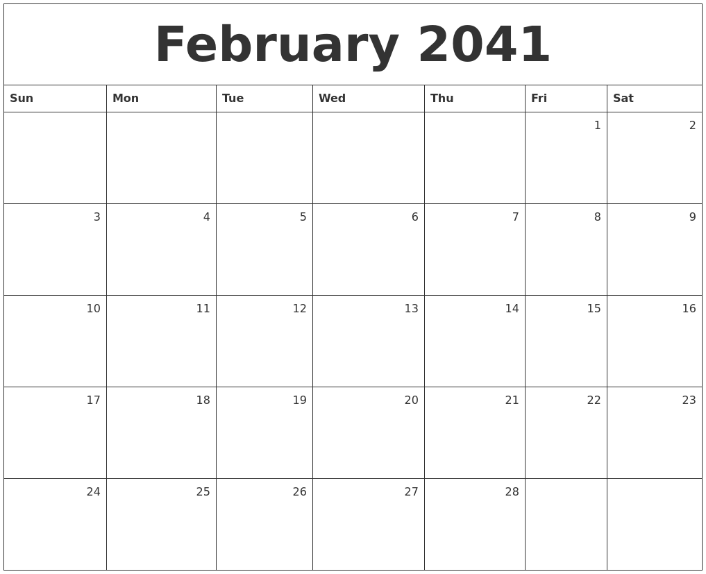 February 2041 Monthly Calendar