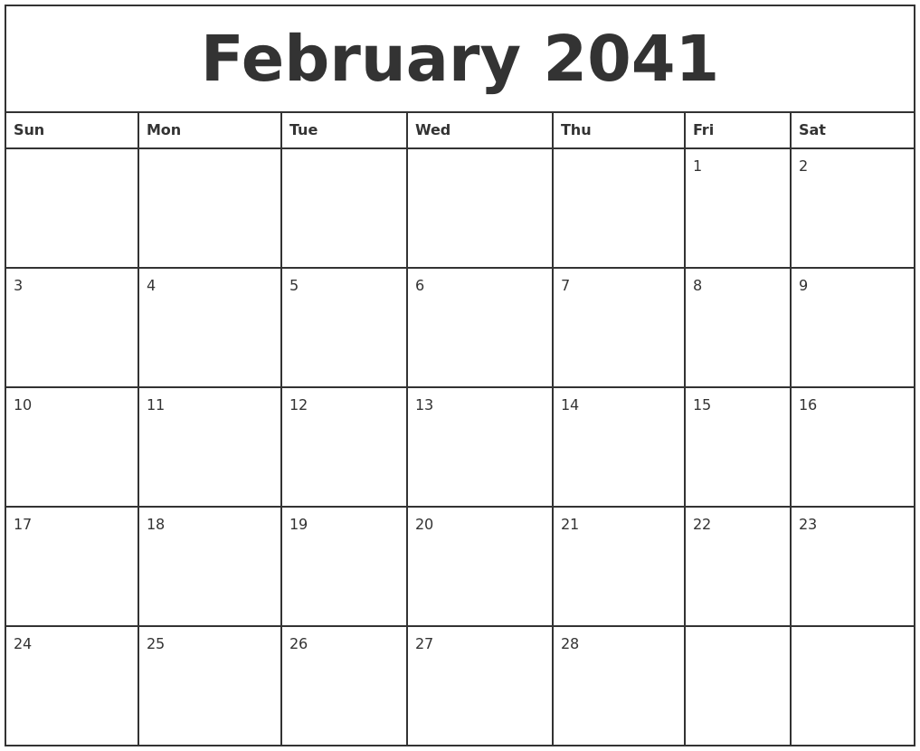 February 2041 Printable Monthly Calendar