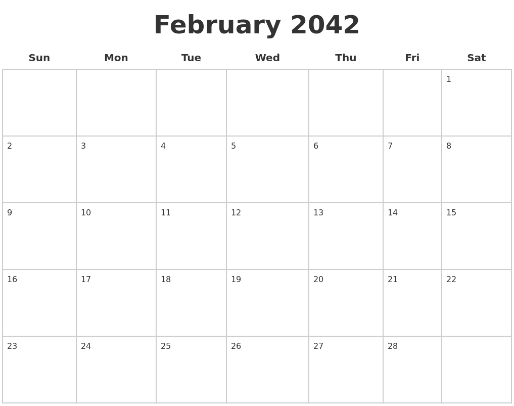 February 2042 Blank Calendar Pages
