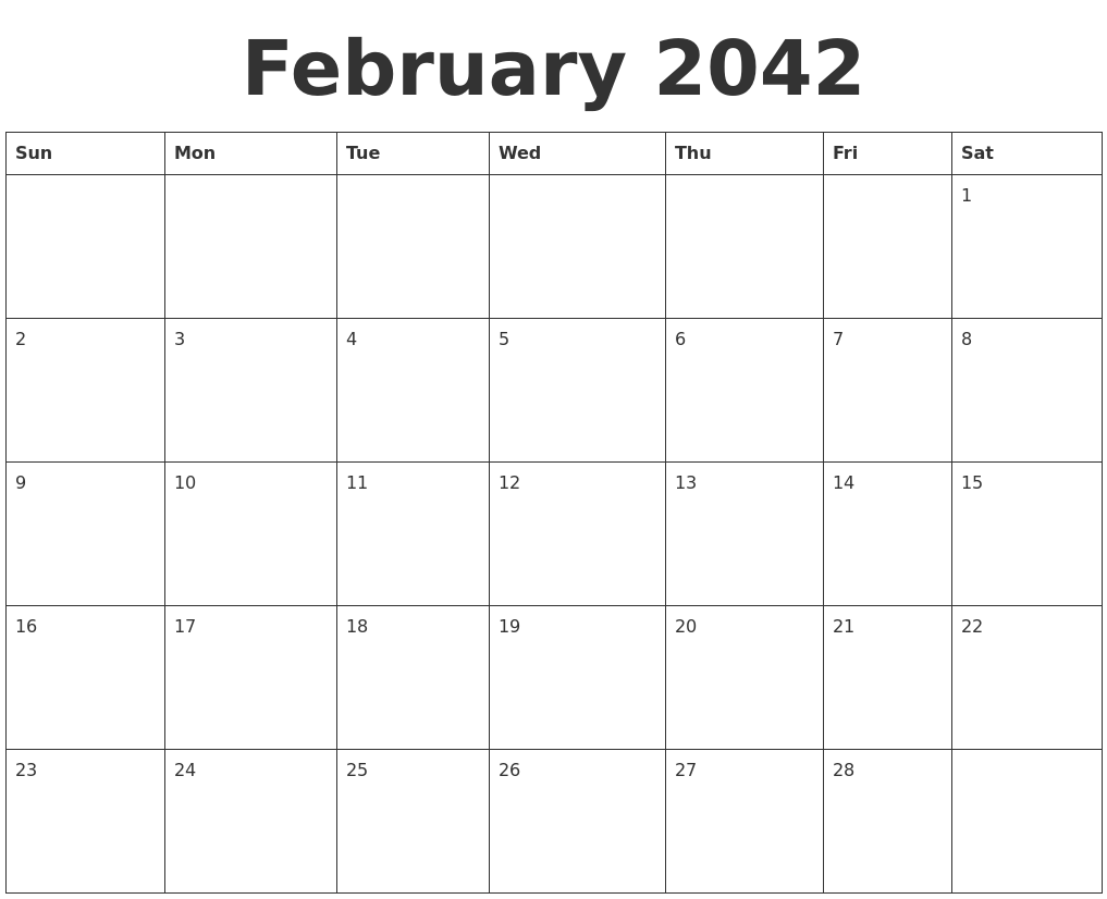 February 2042 Blank Calendar Template