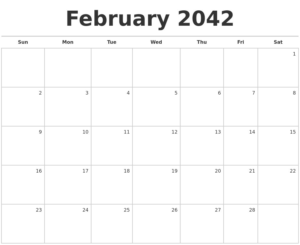 February 2042 Blank Monthly Calendar