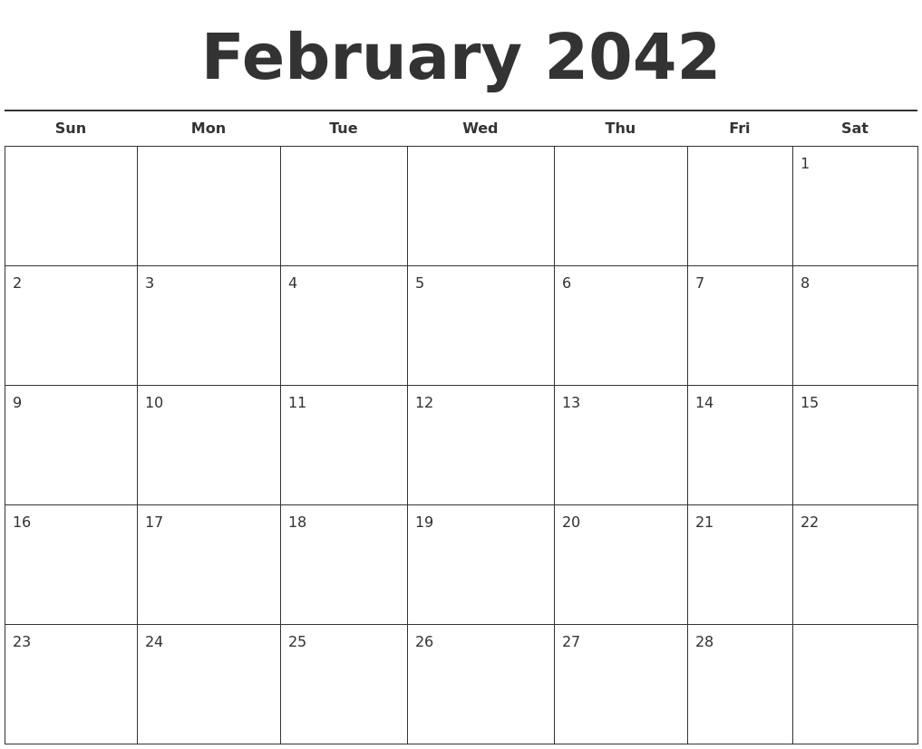 February 2042 Free Calendar Template
