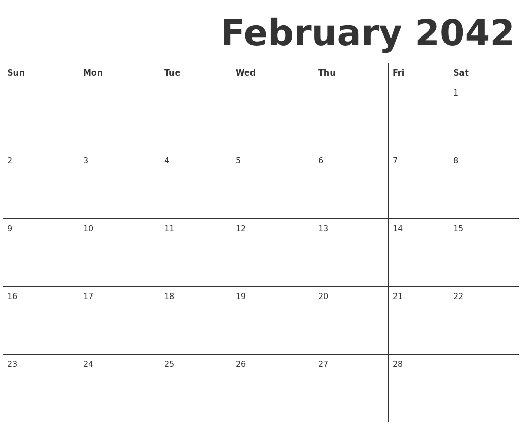 February 2042 Free Printable Calendar