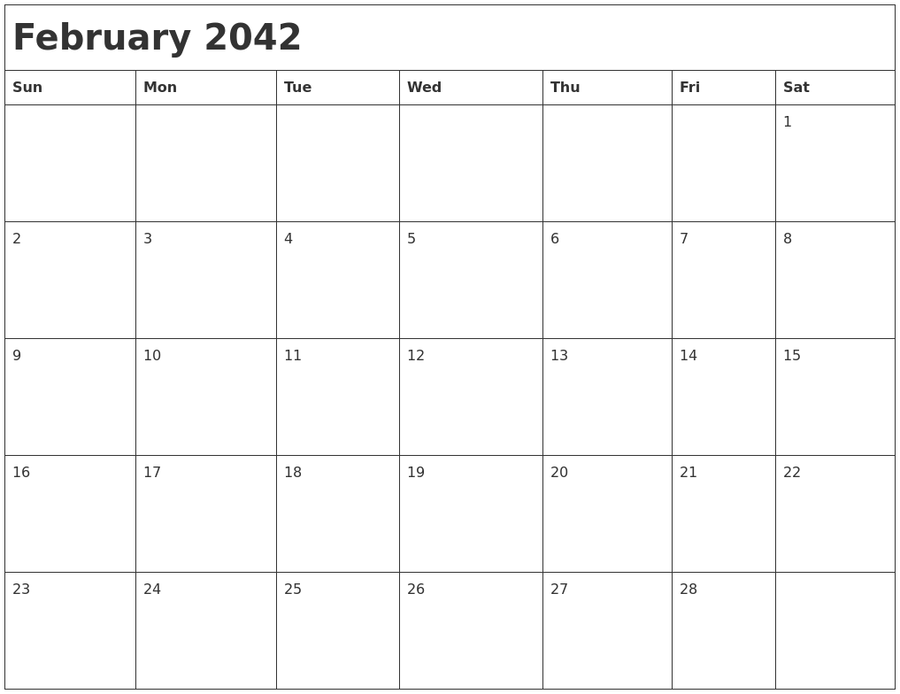 February 2042 Month Calendar