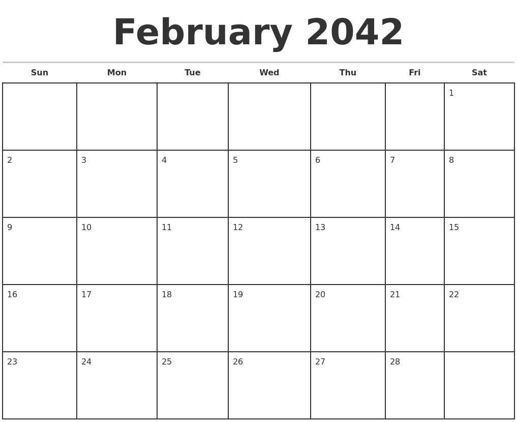 February 2042 Monthly Calendar Template