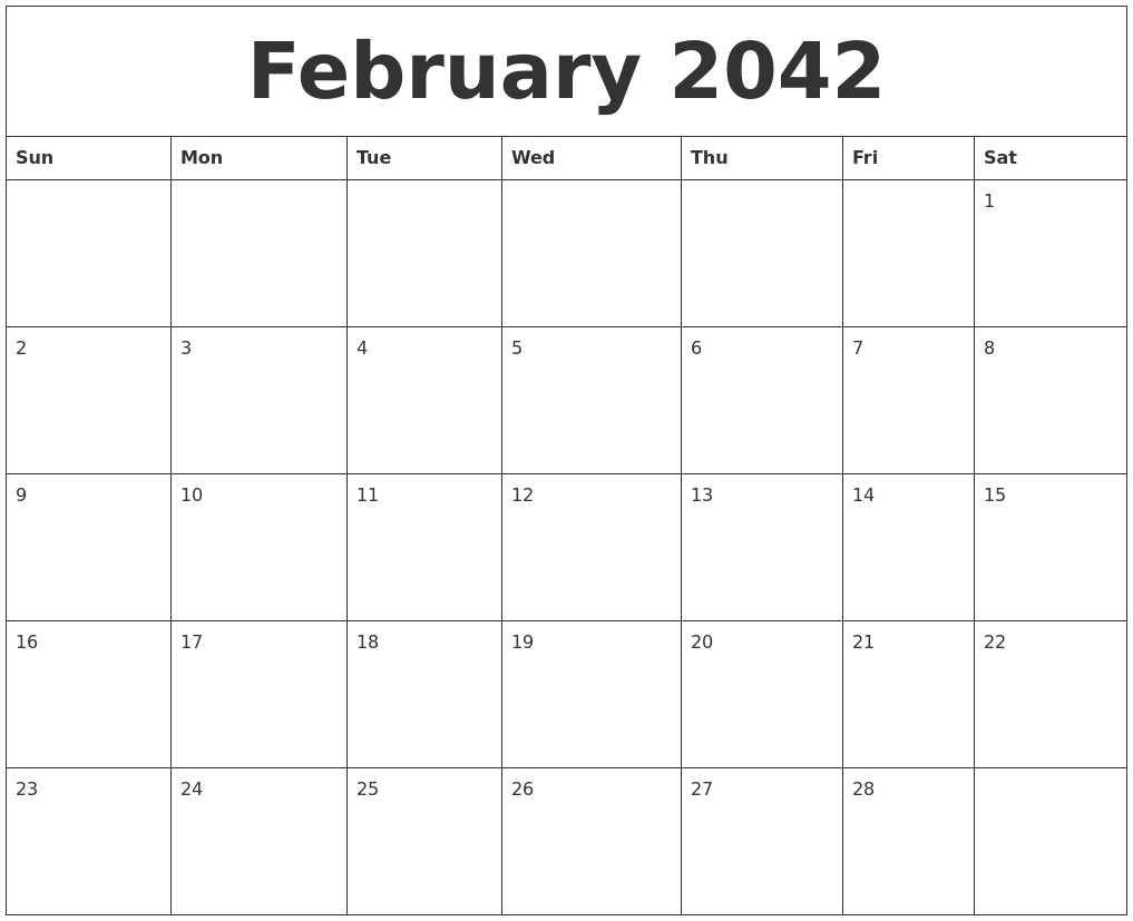 February 2042 Monthly Printable Calendar