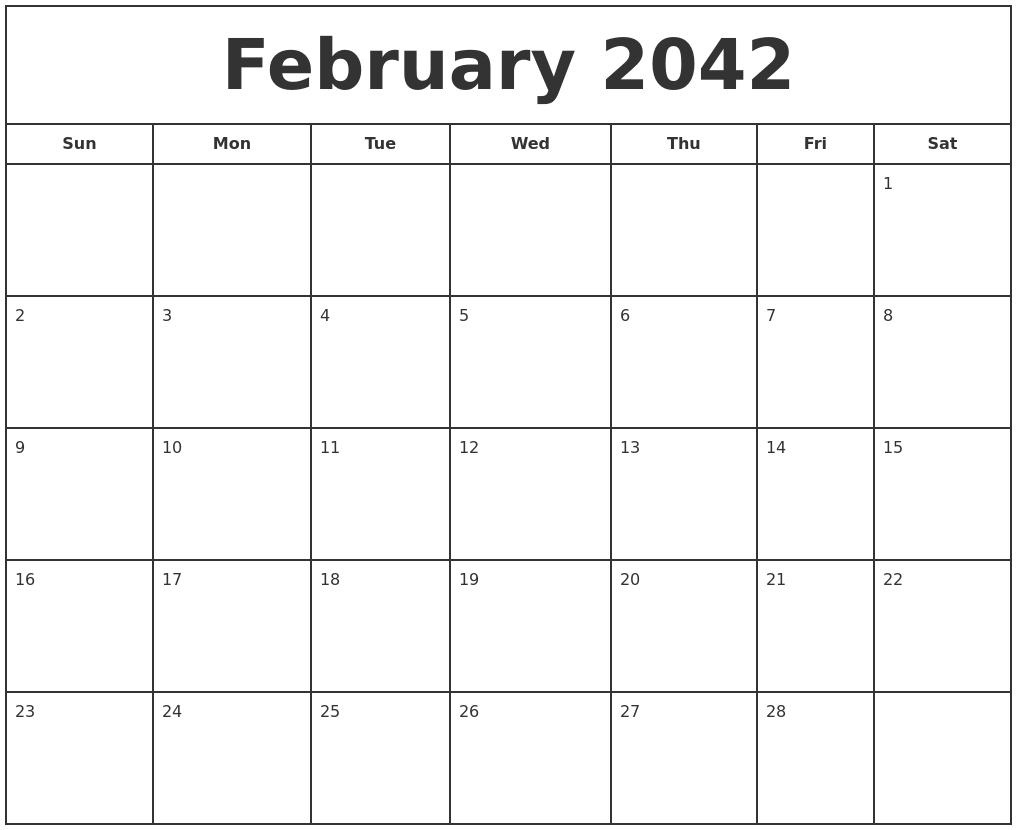 February 2042 Print Free Calendar
